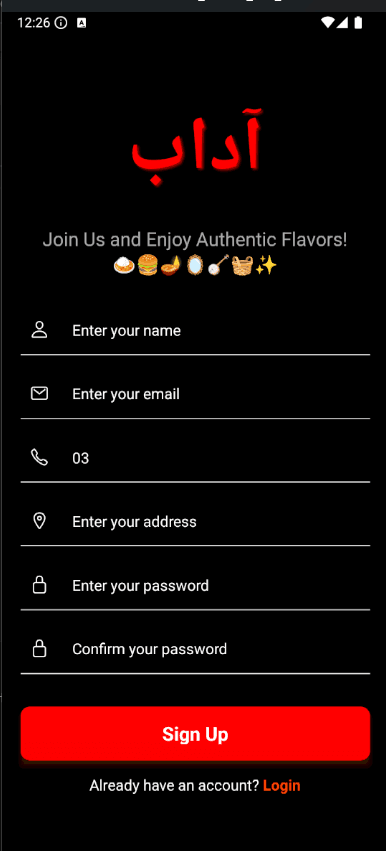 Adab Restaurant Signup & Login screenshot 1 by Atta ur Rehman — AI, React, Next.js, and React Native project