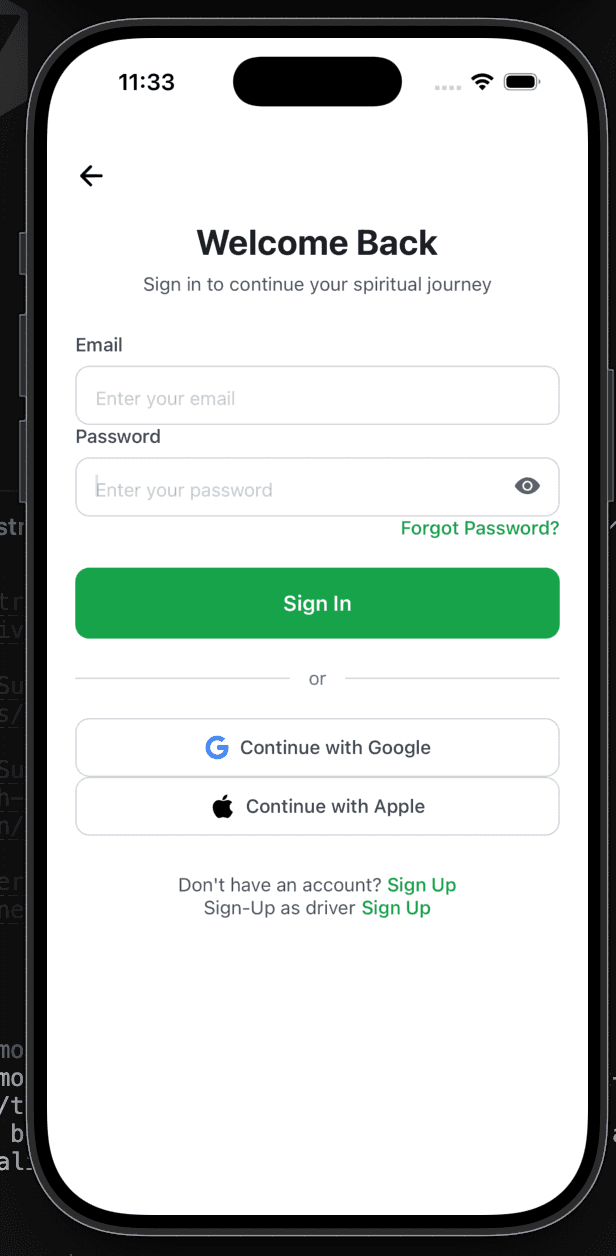 Taxi App Passenger Home & Login screenshot 1 by Atta ur Rehman — AI, React, Next.js, and React Native project