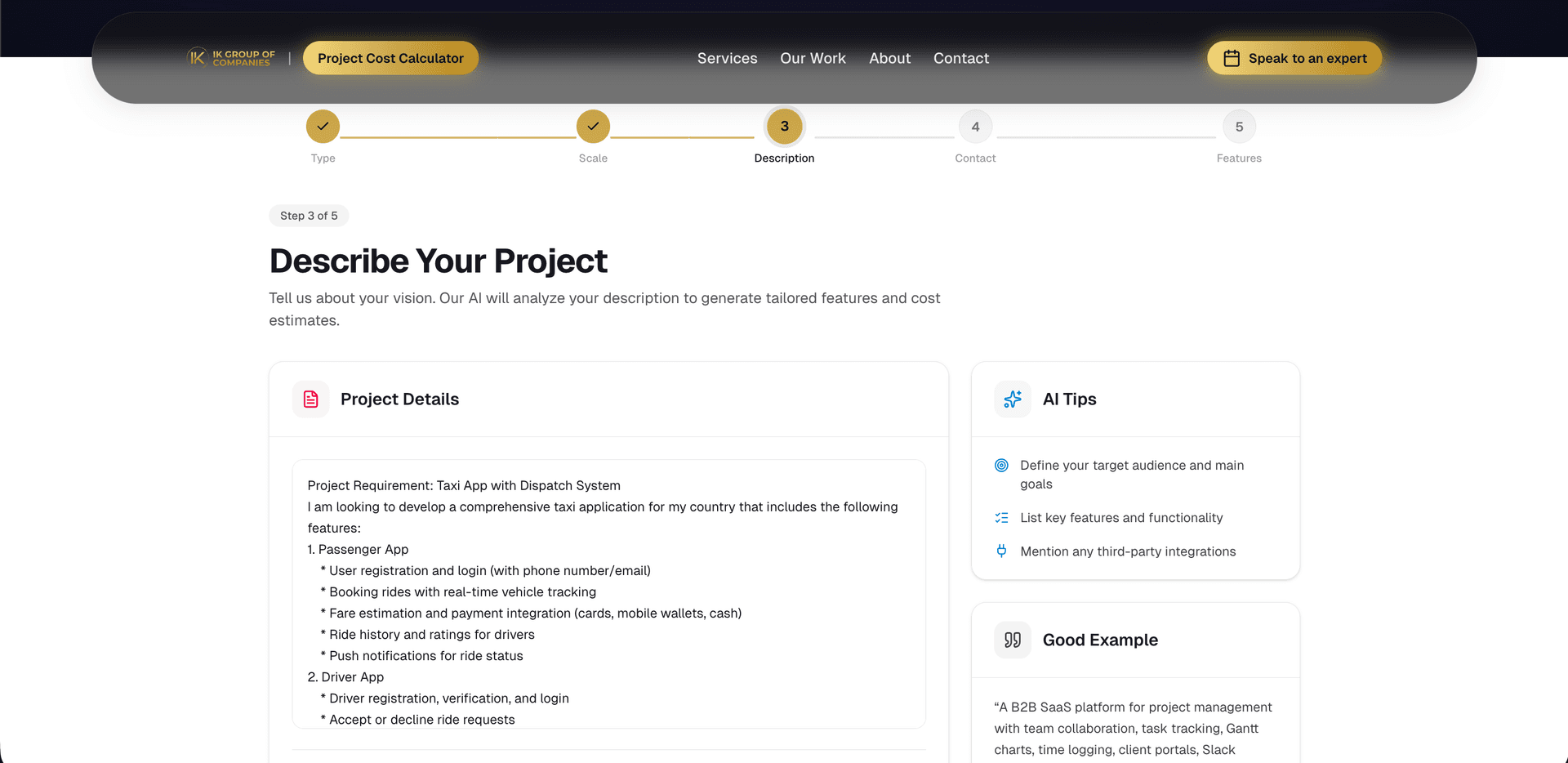 Project Cost Calculator Project Description screenshot by Atta ur Rehman Project Cost Calculator Project Description screenshot 1 by Atta ur Rehman — AI, React, Next.js, and React Native project