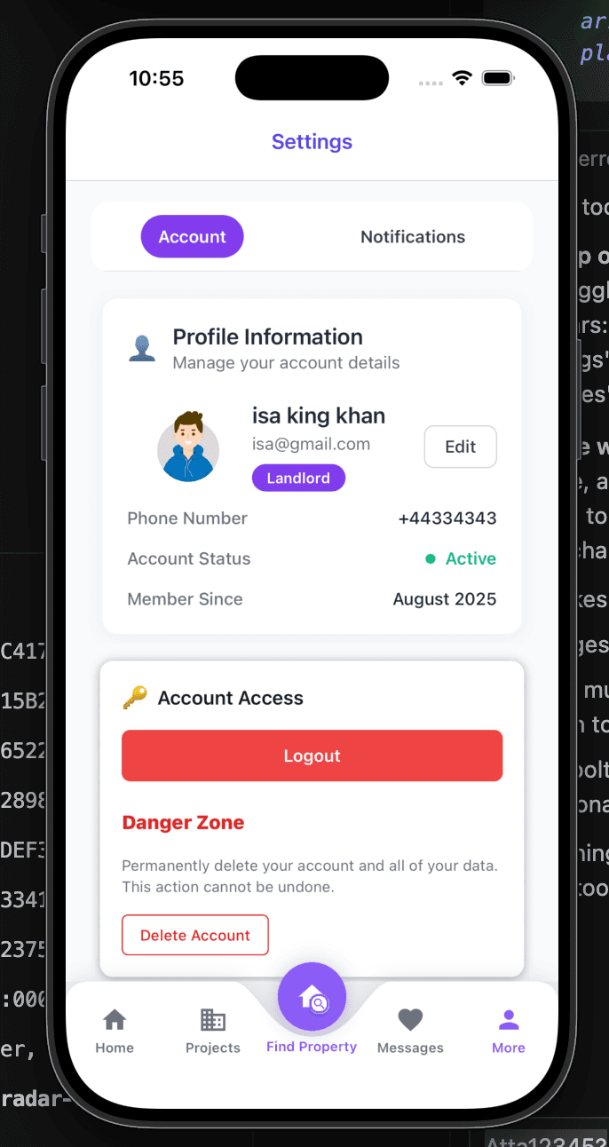 Property Management App Account Settings screenshot by Atta ur Rehman Property Management App Account Settings screenshot 1 by Atta ur Rehman — AI, React, Next.js, and React Native project